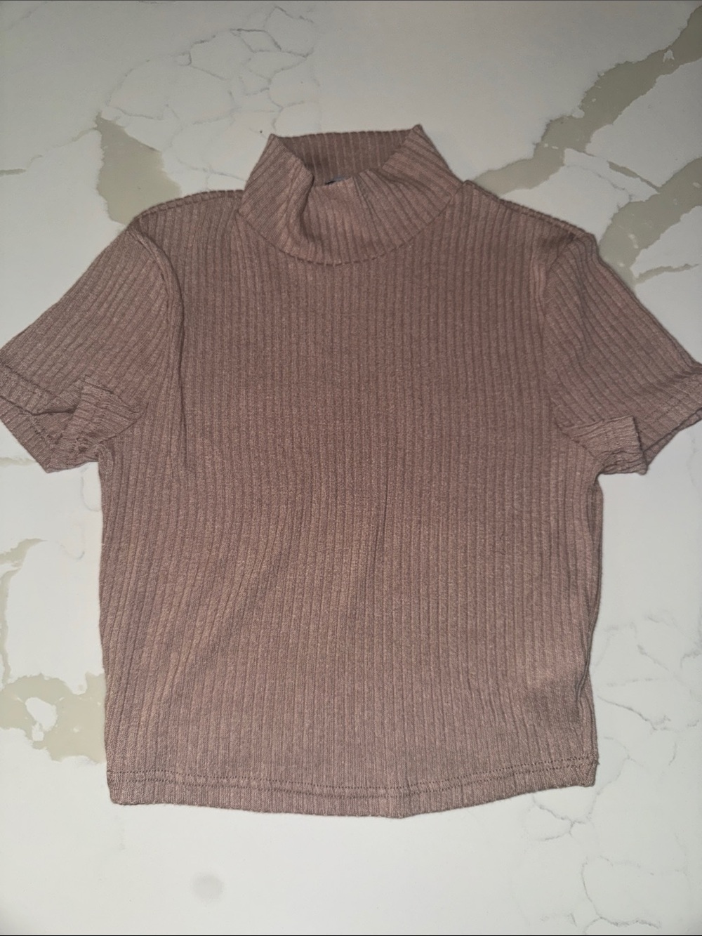chic Ribbed Short-Sleeve Mock Neck Top in Mauve
